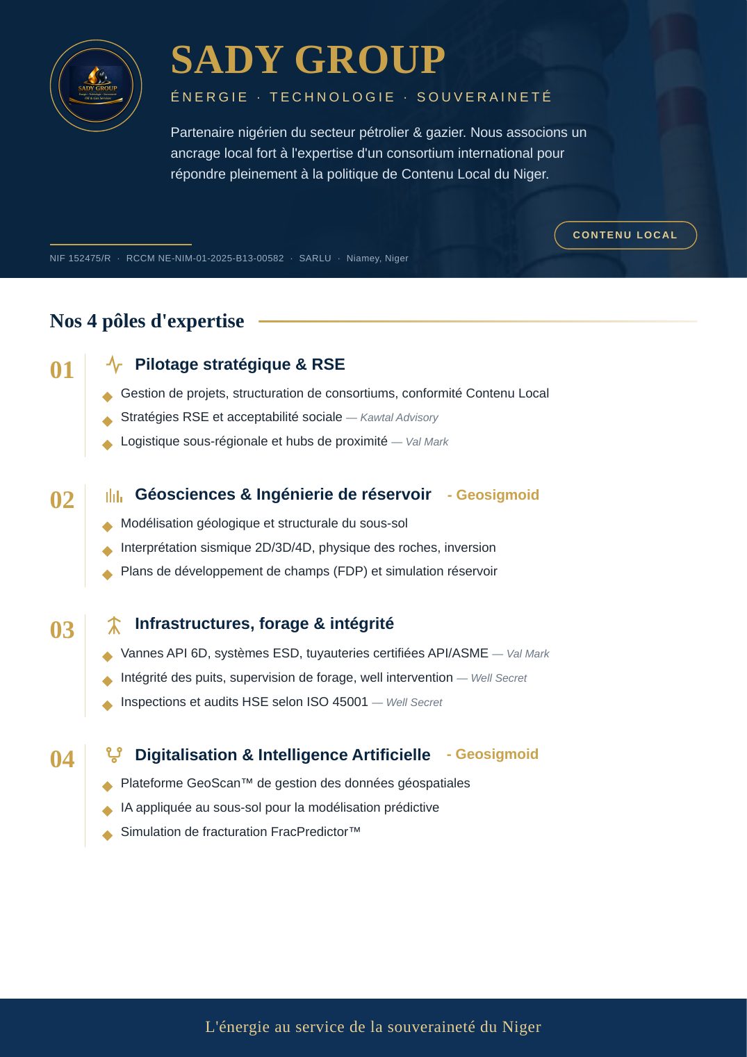 Aperçu de la fiche institutionnelle Sady Group (PDF) — 1/2